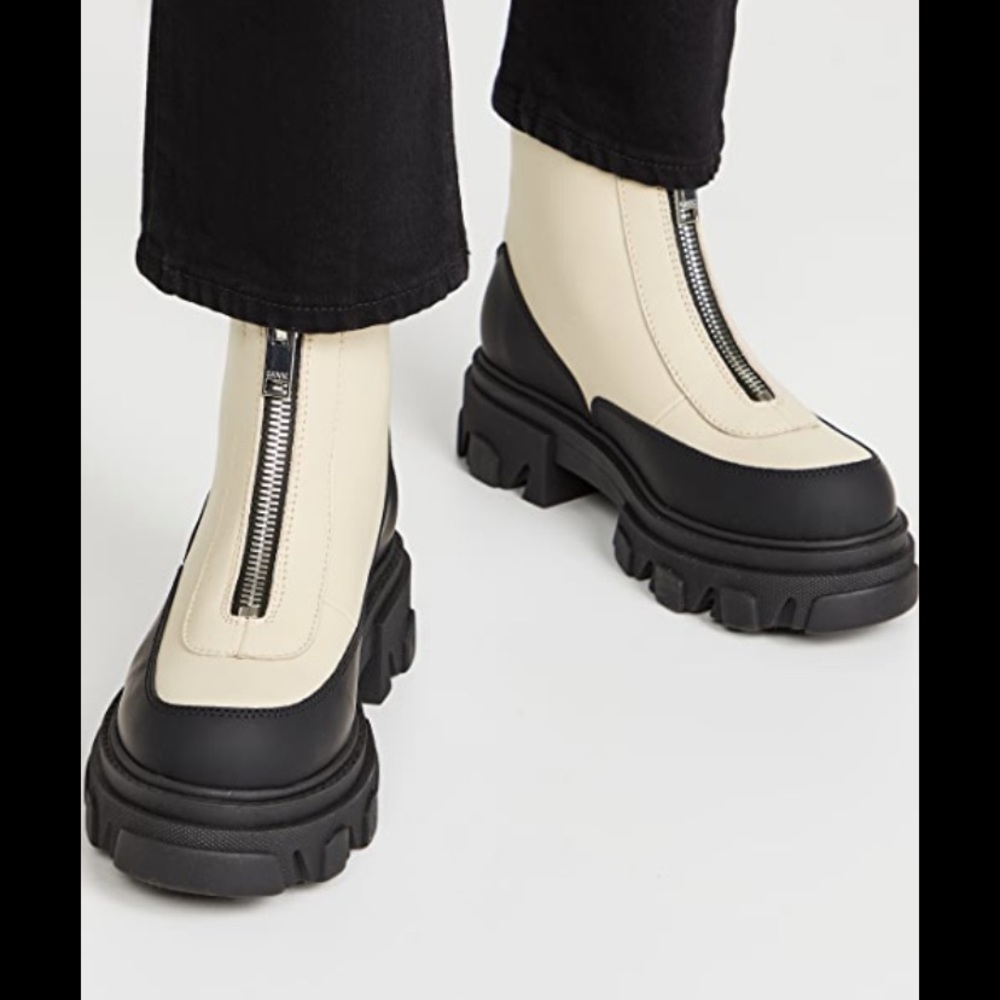 Ganni Two-Tone Cream and Black Chunky Zip Ankle Boots